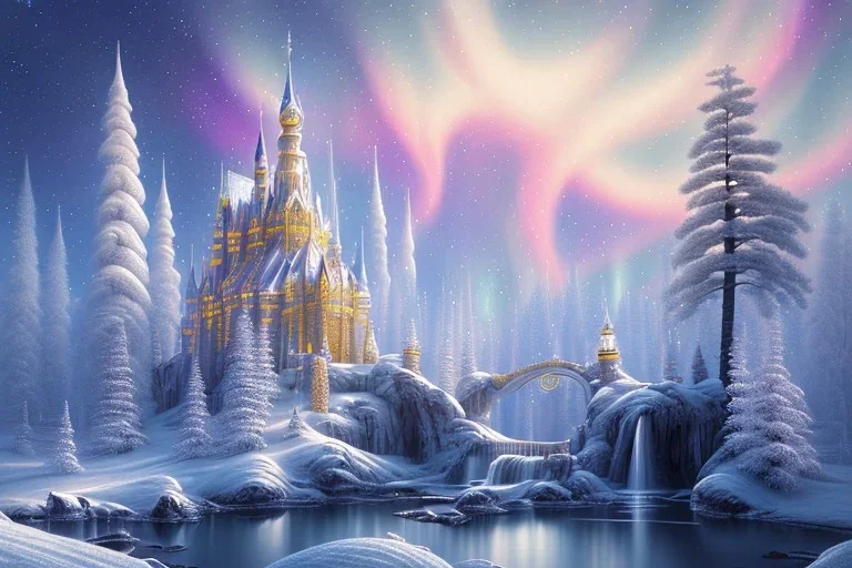  white and gold crystal castle，waterfall, winter snow flakessnow, northern Lights, full of details, smooth, bright sunshine，soft light atmosphere, light effect，vaporwave colorful, concept art, smooth, extremely sharp detail, finely tuned detail, ultra high definition, 8 k, unreal engine 5, ultra sharp focus