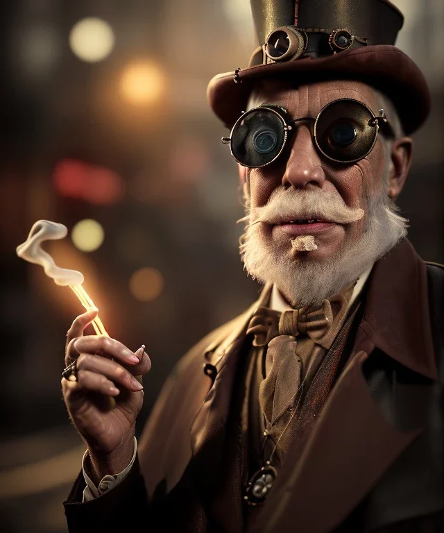 steampunk, cabaret scene. old man. Sunglasses, rain, smoking, happy, hot, people background, highly detailed, concept art, unreal engine 5, god rays, ray tracing, RTX, lumen lighting, ultra detail, volumetric lighting, 3d, finely drawn, high definition, high resolution.