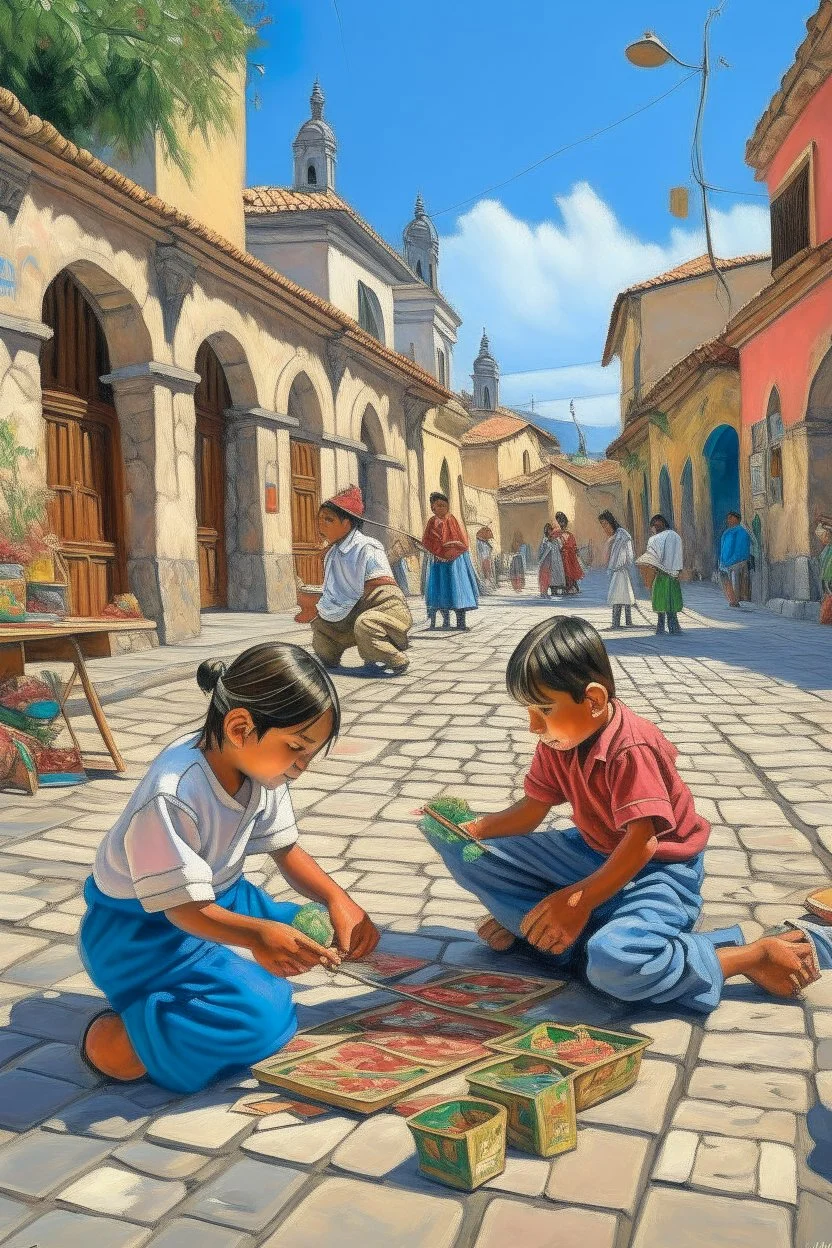 2 maxican childeren playing painting neoclassism in a traditional mexican city