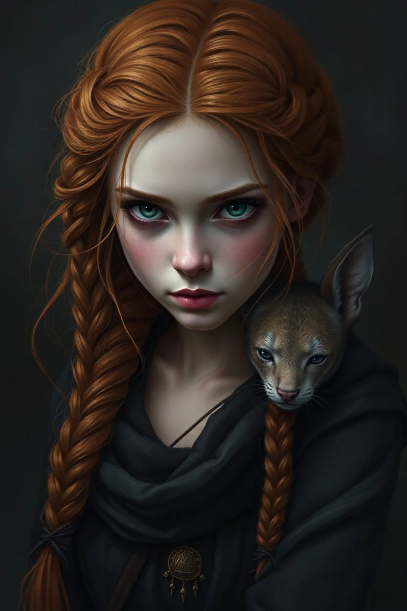 a pretty fantasy woman, young, braided ginger hair, maternal, dark fantasy art