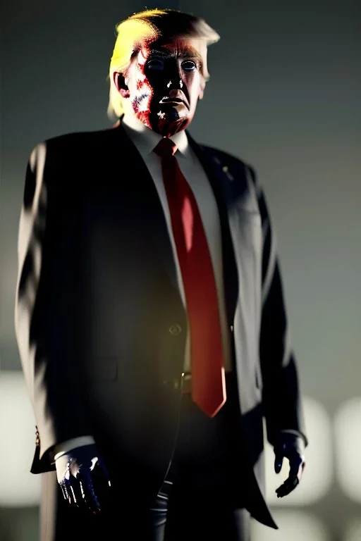 Ultra realistic image night, Donald trump zombie, suit, blood, torn arm, night, the walking dead style, dark ambient, highly detailed, White House background, concept art, unreal engine 5, ray tracing, RTX, focal lighting, ultra detail, volumetric lighting, 3d, finely drawn, high definition, high resolution.