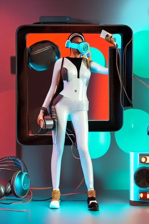 Post-apocalypse. Cinnamon. Technological singularity. Fake smile, camera-eyes, cables, selfies, 3D-tiles background, lighted shelf full of heads, cyber-punk full-mask. Lay figure woman with plastic milky, plank skin, no head. Haute Couture 90's. Light from right. Silver, black, Cyan. Big AKG headphones. Golden rings and discs. Thick tights, Thick calves, Curved fell, Wide hip. Two torsos are growing from the long tippet of earlier torso. Torso fractals. Outer most head, blinking one eye.