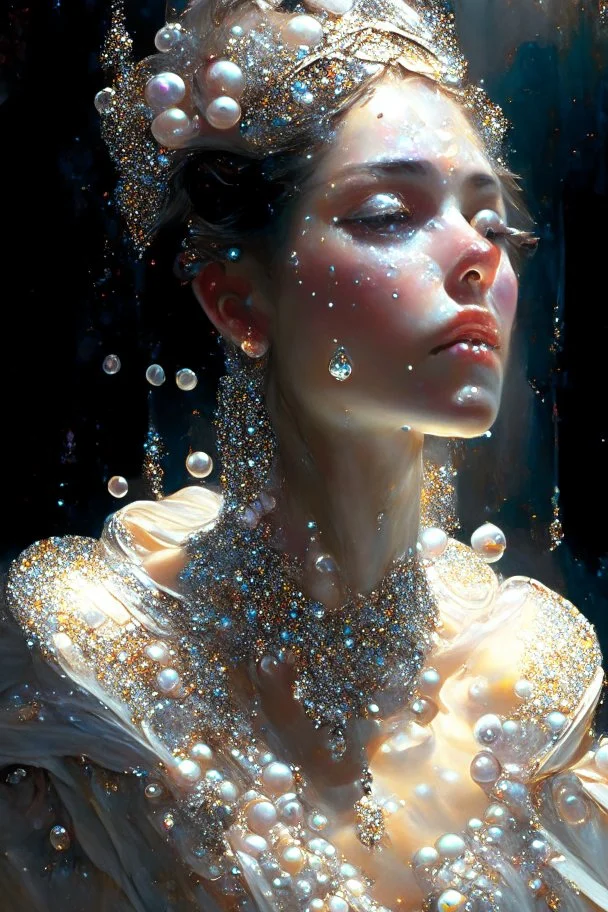 Lady covered in pearls and gems, a masterpiece by by Greg Rutkowski, beautiful spectacular textures, striking amazing light and shadows, remarkable dramatic setting, stunning unique reflections,