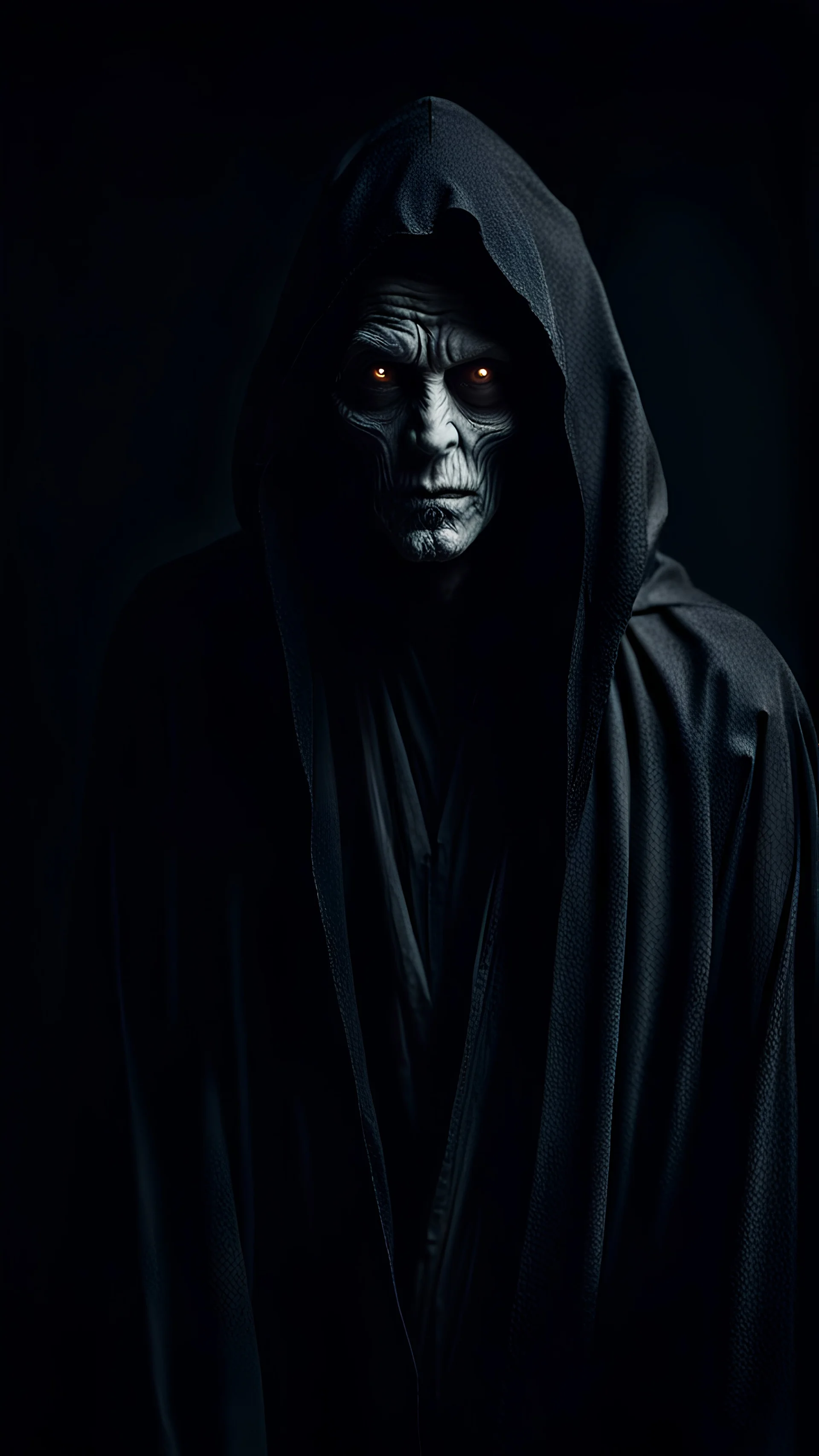 A scary figure in black robe looks at the camera from a black background