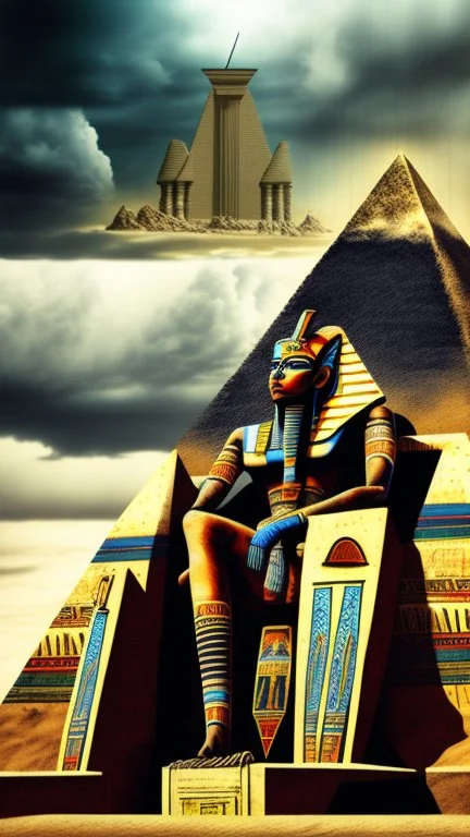 Synthography Art in Bocsh painting style nightmare of The Pyramid shape building with visual details of thousands of old Egyptian mechanical and heliographic components and symbols textures with gray clouds stormy weather in the background