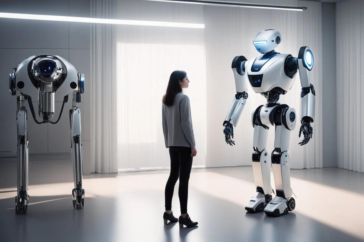 a woman stands before a sleek, humanoid robot. The robot's metallic frame gleams in the soft light of the room, its eyes glowing with an otherworldly intensity. She gazes at the machine with a mixture of curiosity and longing, her heart pounding in anticipation of what is to come. With a hesitant but determined step, she reaches out and touches the robot's cold, smooth surface.