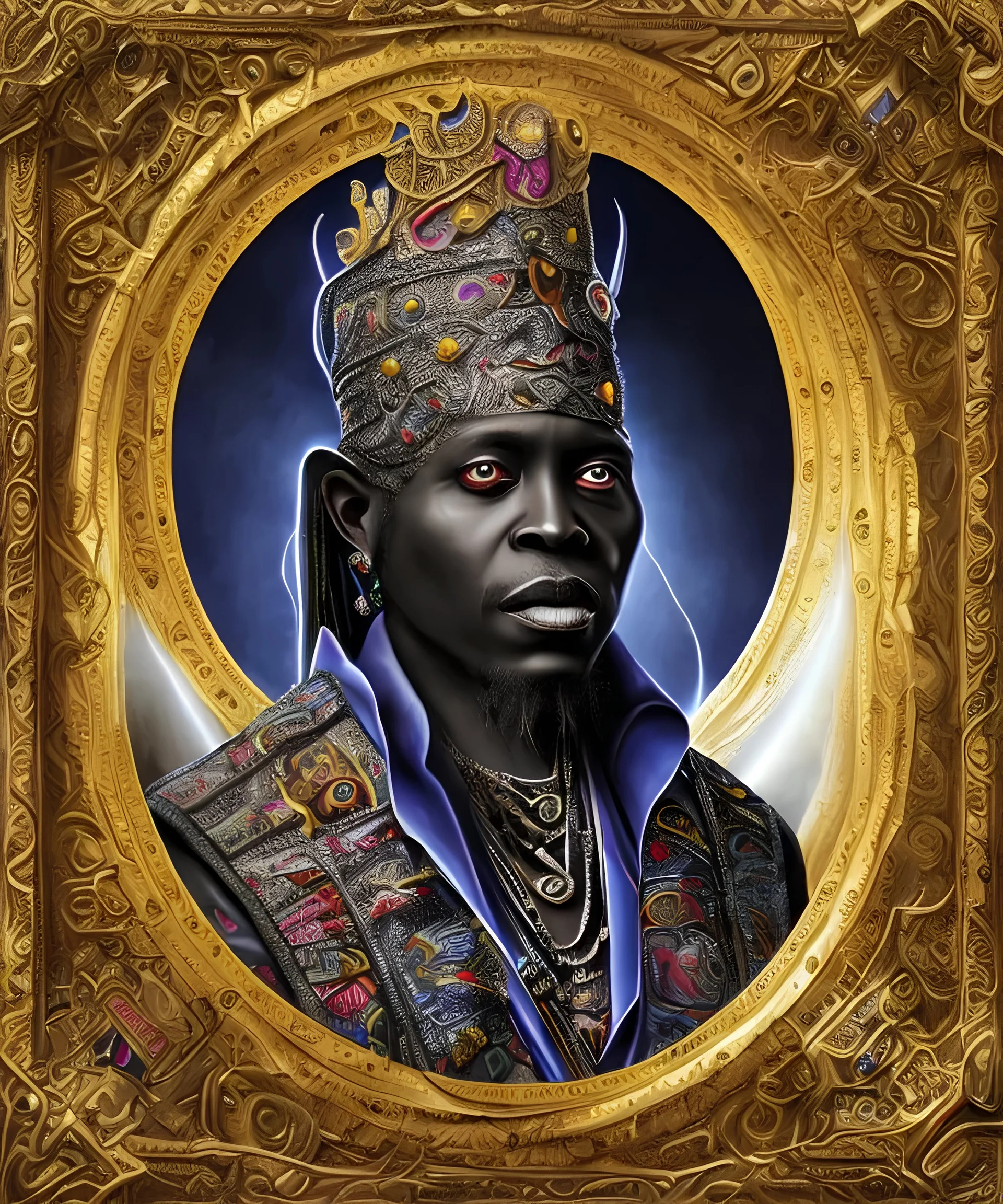 portrait de Papa Legba, roi des zombies , baron samedi, prince des ténèbres, marchand d'âmes, vaudou haïtien , avec chapeau haut de forme, caricature, halo d'énergie autour de lui, très coloré, très détaillé, très intriqué, très réaliste, très précis, angle parfait, reflets discrets, magnifique,majestueux, royal, arrière plan nuit étoilé , hdr, 16k, octane effect, unreal engine, cinema 4d