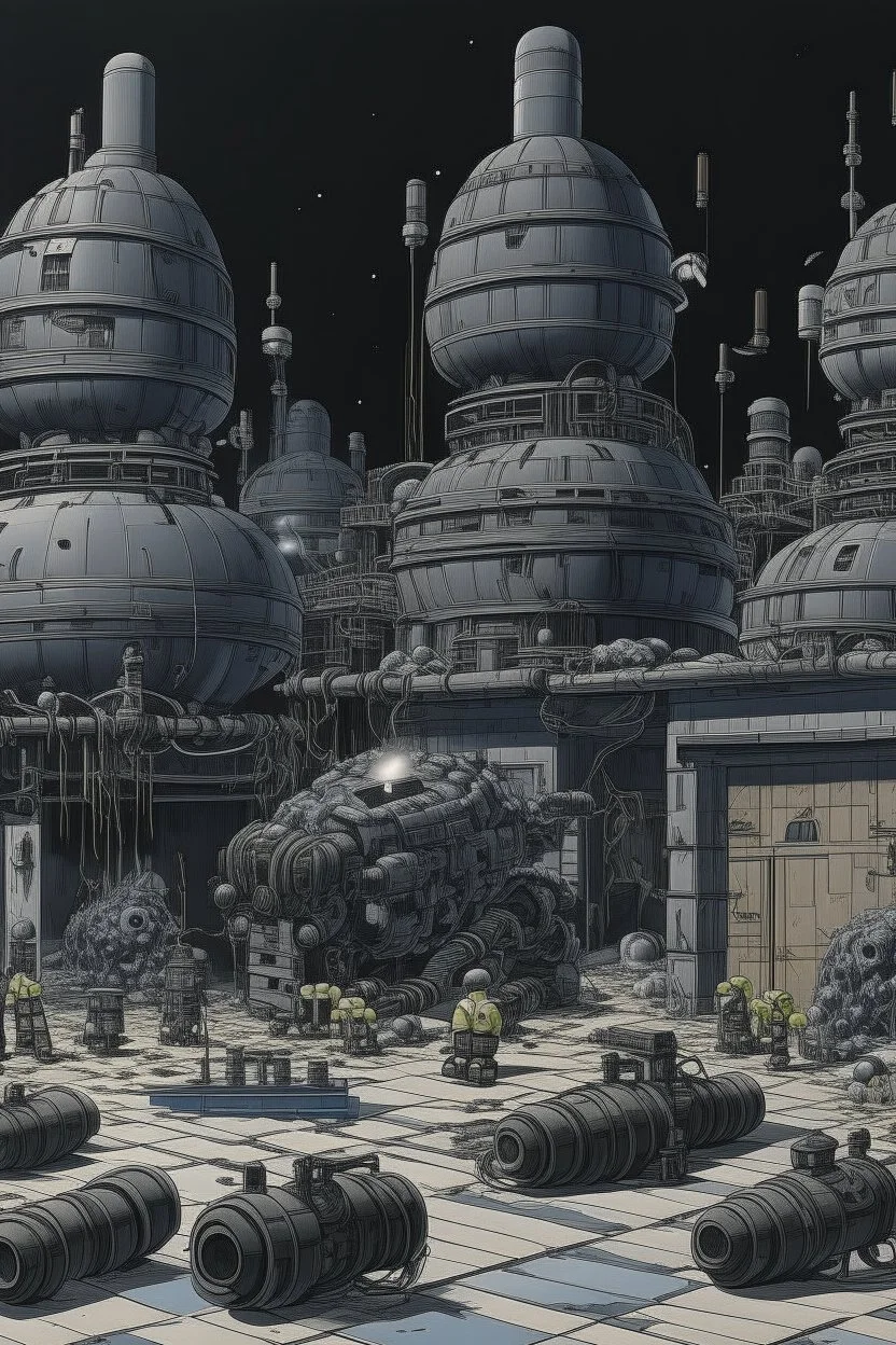 A dark gray robotic factory with bombs painted by Katsushika Hokusai