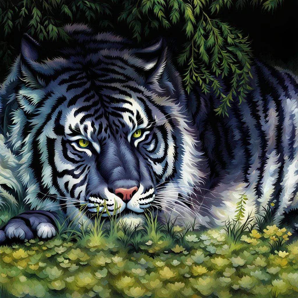 90's fantasy tcg art of blue tiger in jungle