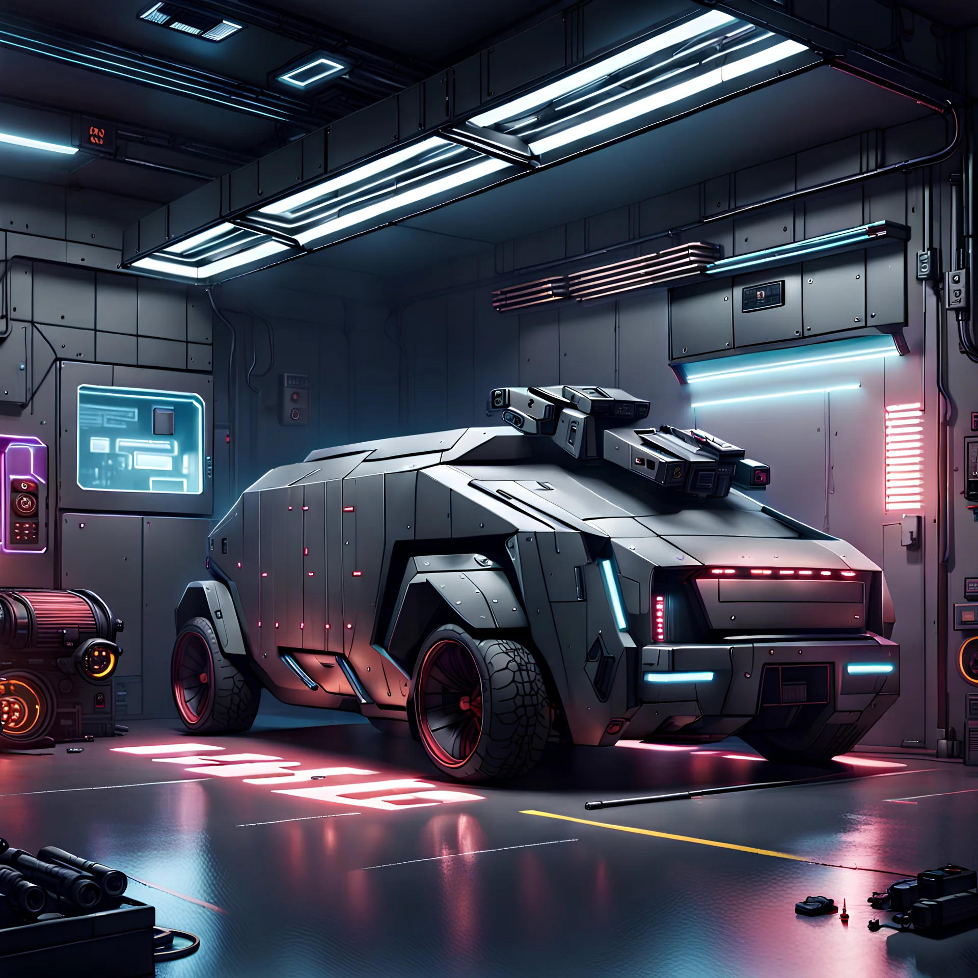 cyberpunk garage containing an armored car, Minimal, Clean Layout