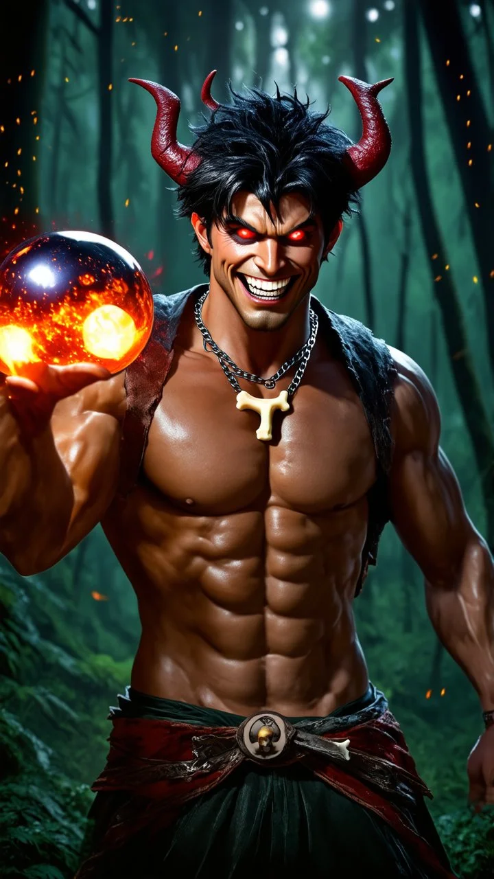 HYPER REALISTIC PHOTOGRAPHIC Middle Angle View Of A Handsome Muscular Young Man With Ritualistic Costume With Bone Necklace Unleashing Glowing Magic Balls, With A Fierce Devilish Smiling Expressions On His Face With Glowing Red Eyes With Short Messy Black Hair In A Dark Dense Jungle At Dark Night With Fireflies Showing Dramatic & Cinematic Ambiance