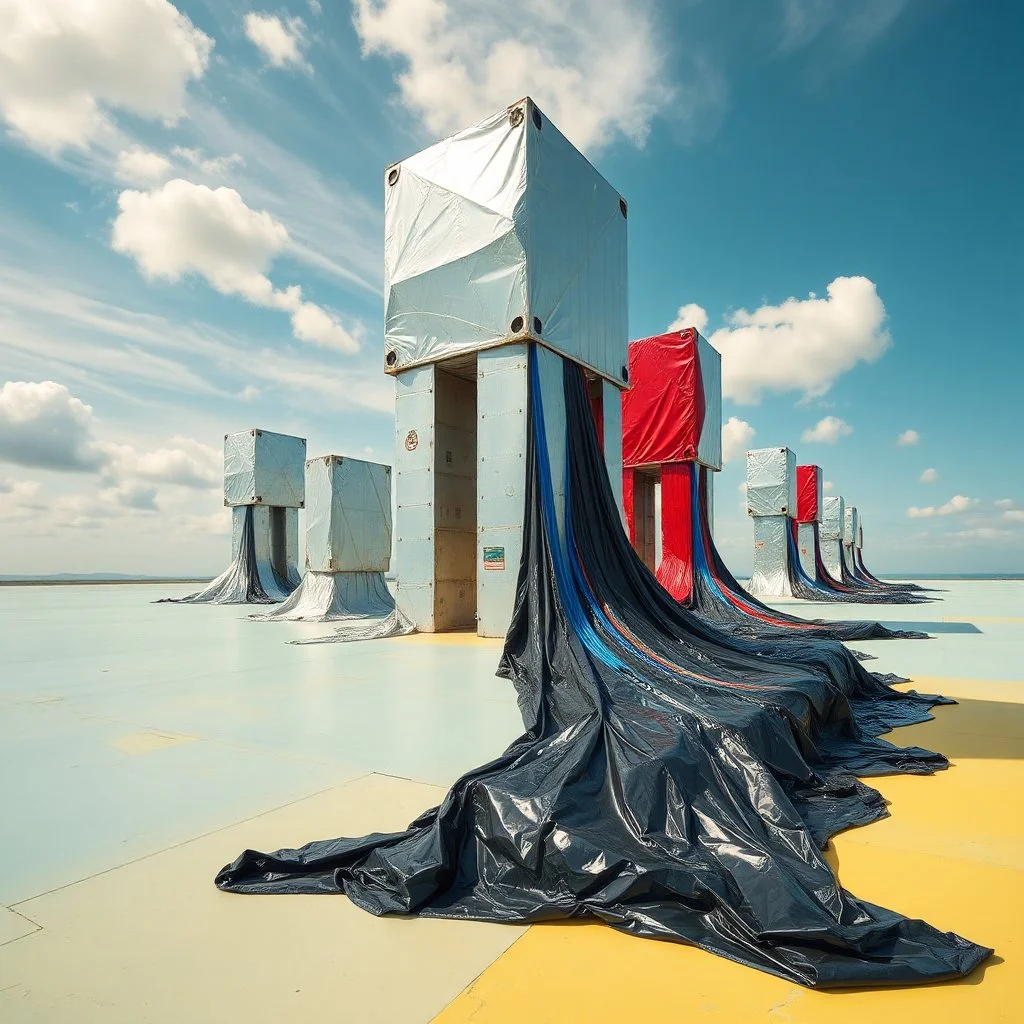 Fotografia di una superficie piatta di colore azzurro chiaro e giallo pastello, su cui si ergono alcuni gigantesche immense enormi strutture di forma indefinita, minacciose, fatte di materiali vari, ricoperte da materiale plastico argentato, rosso, blu, e nero, che scende a terra. Max Ernst, Amano, Yves Tanguy, Piet Mondrian, James Ensor, paranoic, obsessive, minimalista, aria aperta, sole, nuvole, glossy, surreal, hasselblad h6d400c --ar 85:128 --v 6.