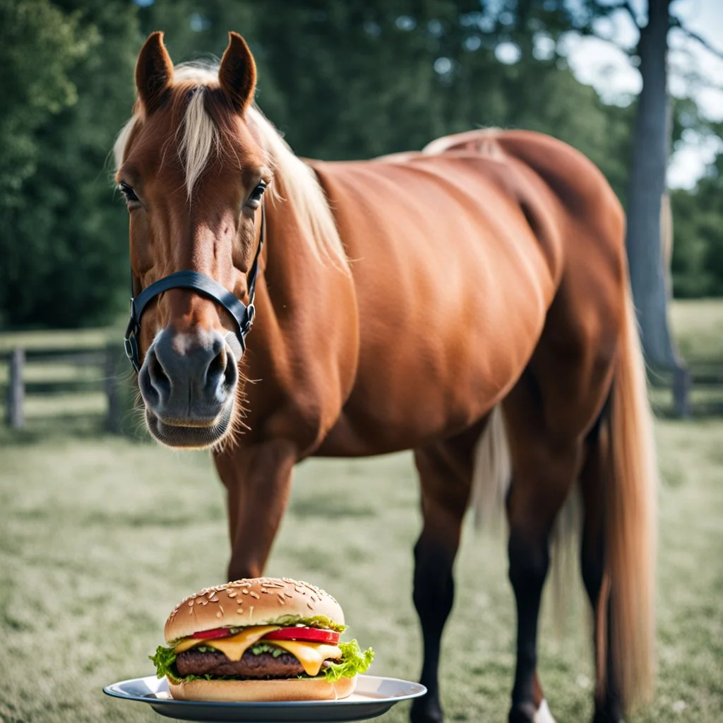 A horse eating a hamburger.