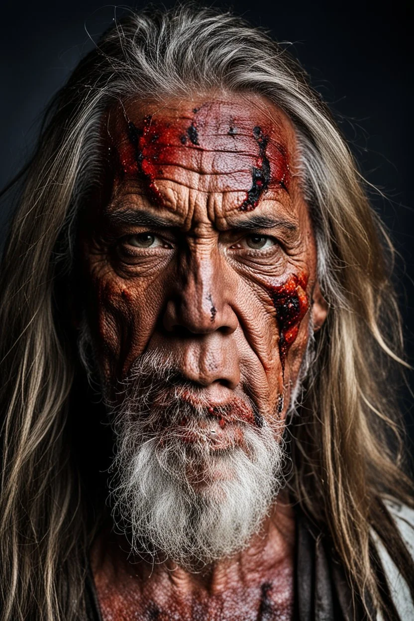 portrait of a 55 year old man. He's a warrior. His face is scarred. He has salt and pepper long hair and a beard.