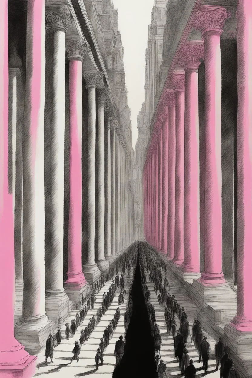 columns of gray men on the march toward sterility and self destruction; optical art; black and white ink wash with 50 shades of pink