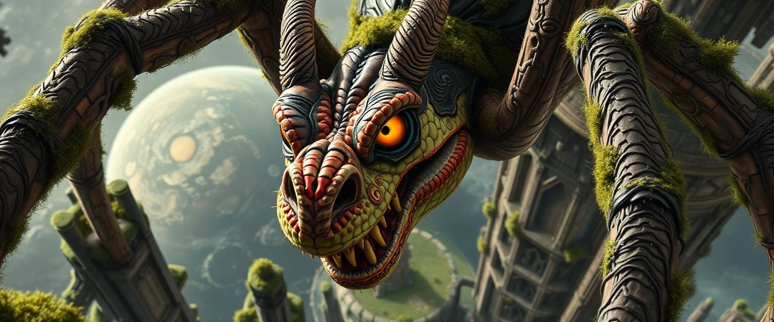 the weird face smart nerd of a cyberpunk dragon spider man with charm in web from mossy tower, master oil painting by Rembrandt and Escher, moss covered space station, brightened edges to give a sense of depth