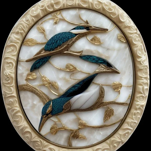 kingfisher ivory brooch with black pearl inlay, opalescent marble carving, decorative design, classical ornament, highly ornate, highly intricate, highly detailed etching, marble carving, warm lighting, linen backdrop