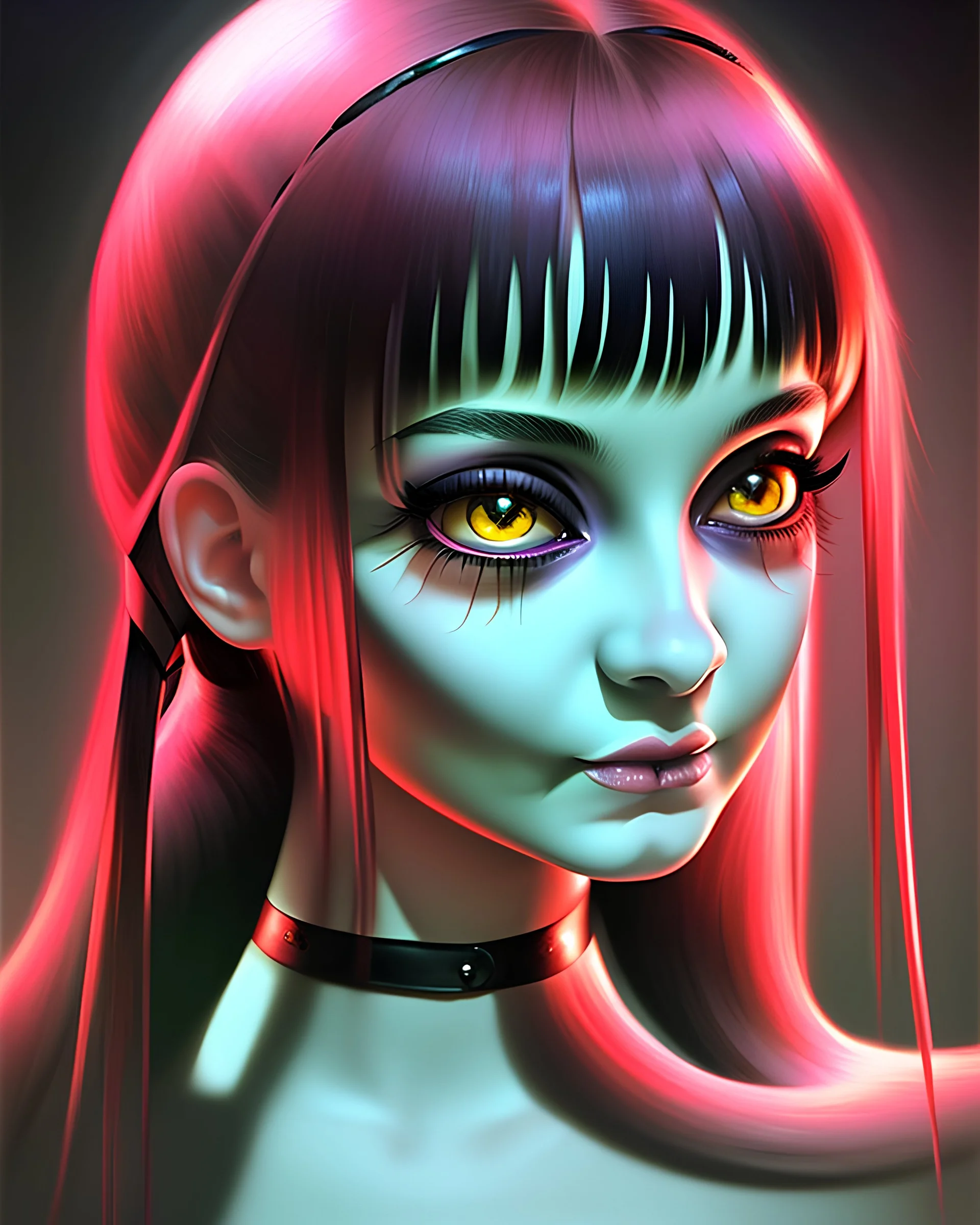 100 % modern conceptual art, a fine art oil painting, by Charles Addams and Cat of a pretty goth young woman with braided pigtails with bangs, hyperrealistic painting style in very fine detail, precisely detailed symetrical facial features, chirascuro shading effect, red rimmed dark eyes and beautiful pouty lips and cute nose, dramatic under lighting