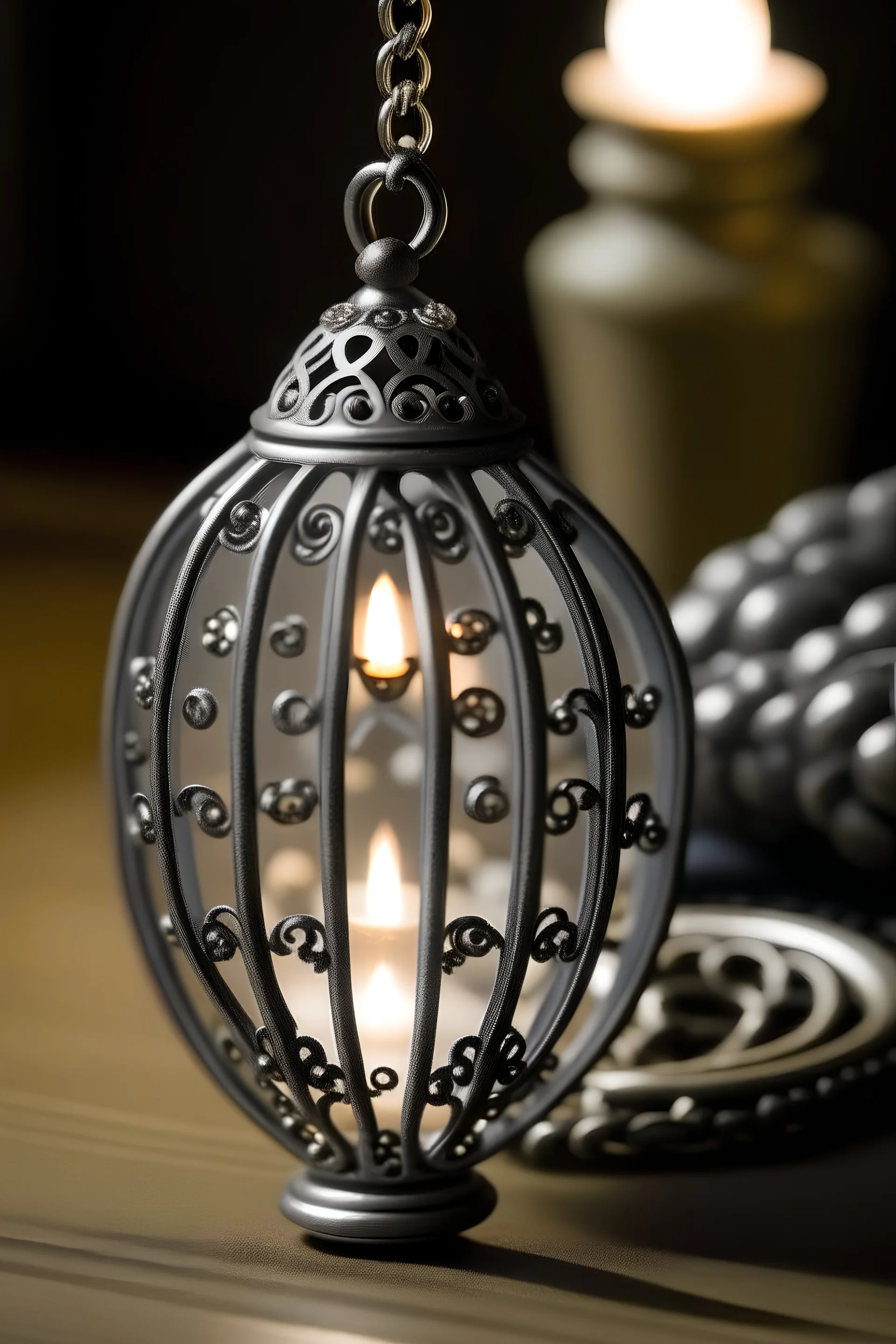 A hint of candlelight was wrapped in a gray jeweled pendant.