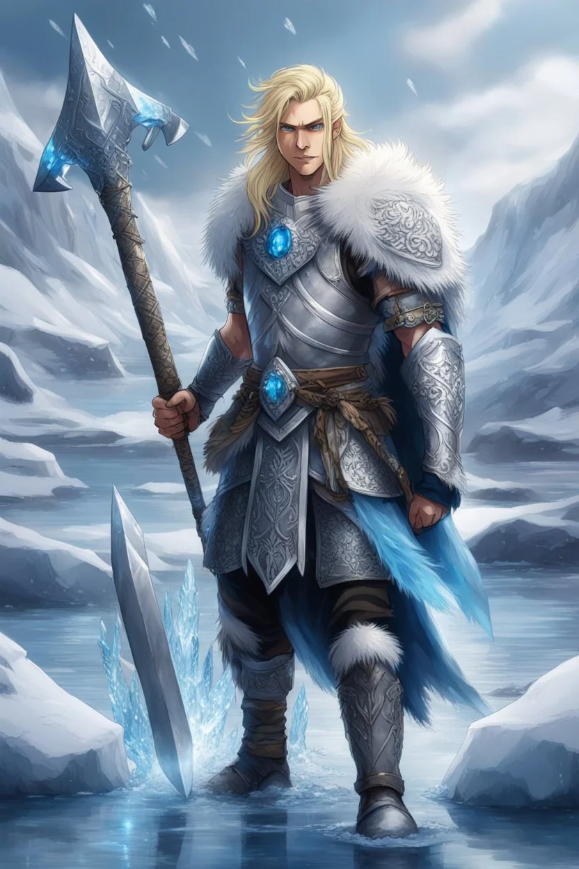 1 anime man. warrior, with blue eyes and blonde hair man in silver Viking armor with fur around the neck with blue crystal on his chest, standing in water in the artic, holding a ice axe, warrior in anime style,