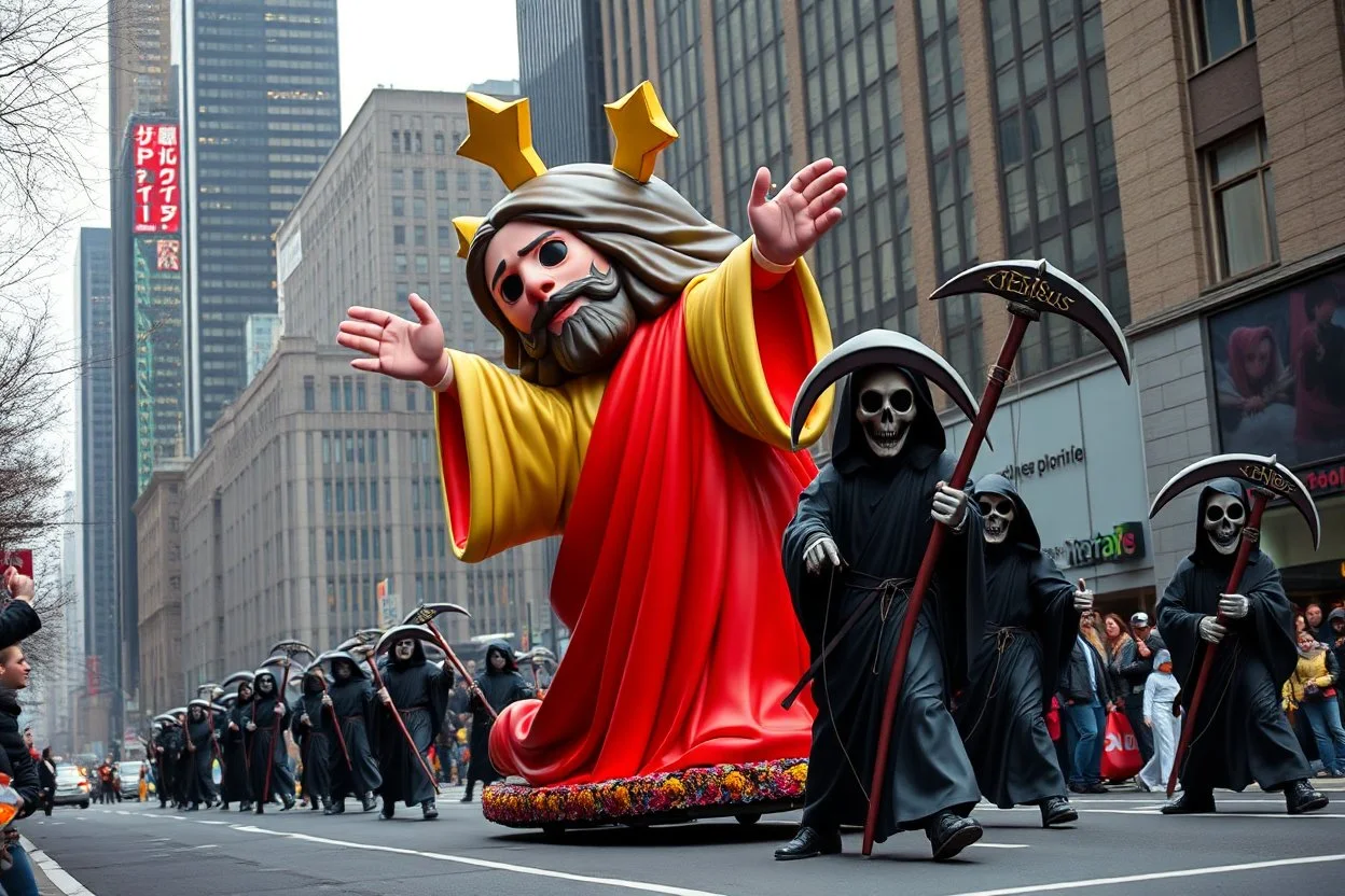 macys thanksgiving day parade style cartoonish jesus parade balloon pulled by multiple grim reapers, multi colored, bright, vivid, psychedelic, high detailed, high gloss, insanely detailed, matte, horrorcore, lining the street, unsettling contrast, monument to death, live action shot grim reaper parade, pulling a jesus parade float