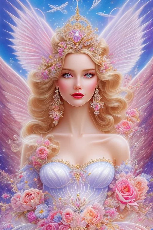 Magnifique woman, lady fairy, facing happy, voluptuous white, pink enchanted flowers, wings magic, long big dress, pink outerspace stars planets, Beautyful smiling, young woman, long hair amazing blue eyes, flowers, happy cosmic, bright colors, blue, pink, gold, jewels, realistic, photo real, clear sunny background, highly detailed, high contrast, 8k high definition, unreal engine 5, extremely sharp detail, light effect, sunny light background