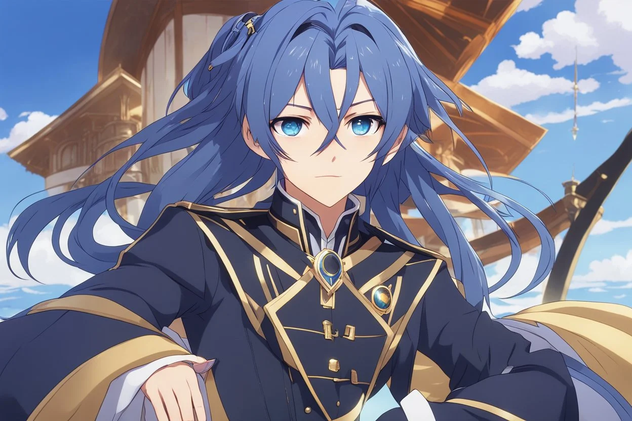 Kaeya Alberich from Genshin Impact, tanned complexion and navy-blue hair with streaks of lighter blue, with a waist-length lock of hair that starts at the base of his scalp on the back of his head at the left. His visible eye is periwinkle with a diamond-shaped pupil, Over his right eye he wears a gold-trimmed black eyepatch that is mostly covered by his bangs, intricate background, intricate face, sitting on a cliff during sunset, contemplative, anime style, dynamic composition