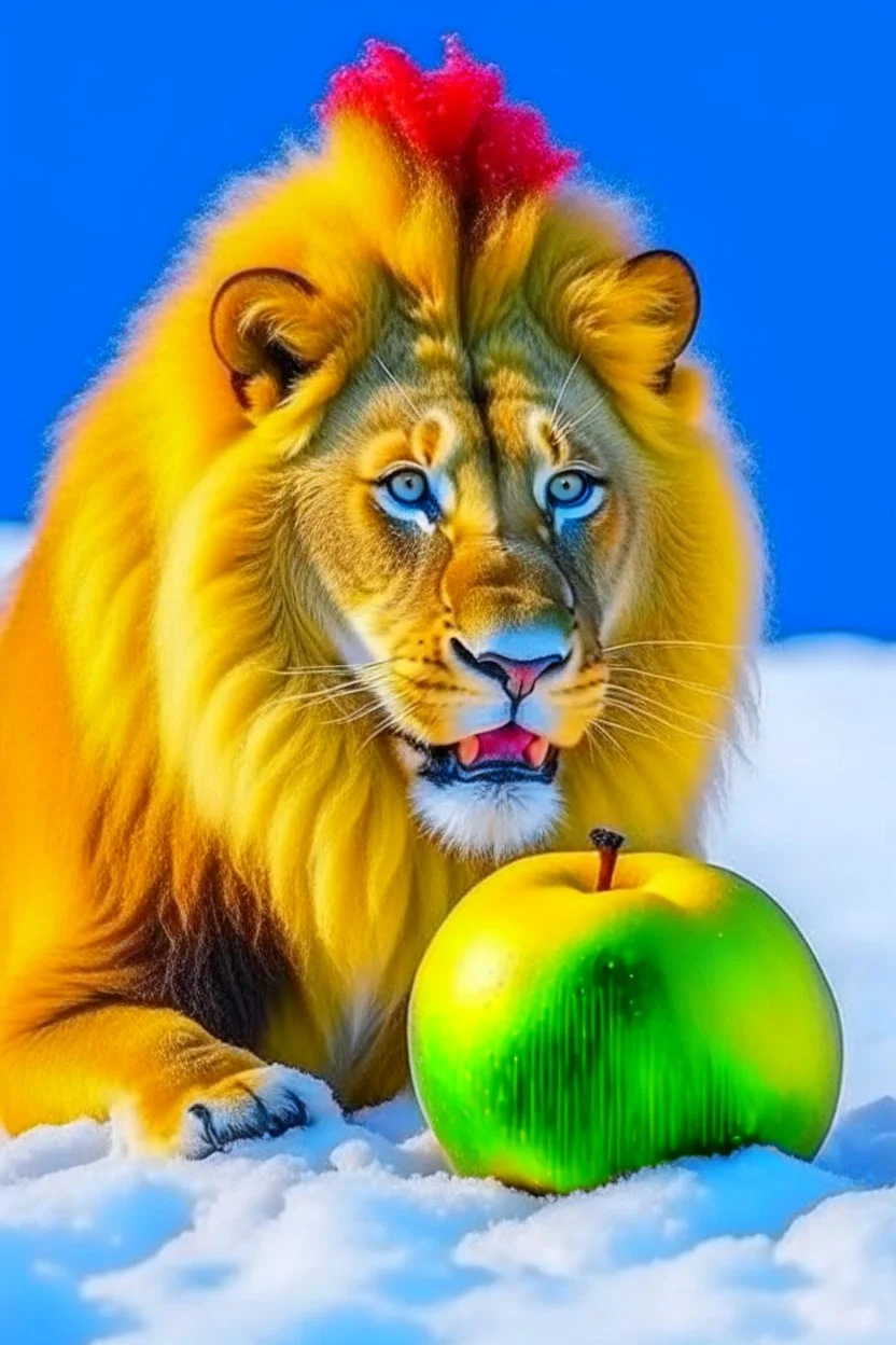 lion eat apple with snow and the lion yellow mood and apple blue mood