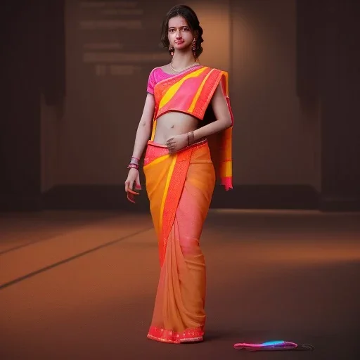 full body photo of a girl in saree in dark room with neon light ,hyperrealistic,detailed,8k,cinematic