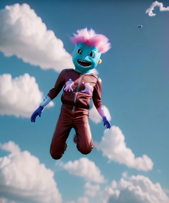 Ultra realistic clouds sky scene, medium shot view, portrait, sweet Childs, free jumping flying, trinkets, monster hair, jelly beans, inflatable helmet, smile, happy, Wes Anderson style, inflatable color clothing, extreme, wind, clouds sea, 20,000 feet altitude, stratosphere, soft color, highly detailed, unreal engine 5, ray tracing, RTX, lumen lighting, ultra detail, volumetric lighting, 3d, finely drawn, high definition, high resolution.