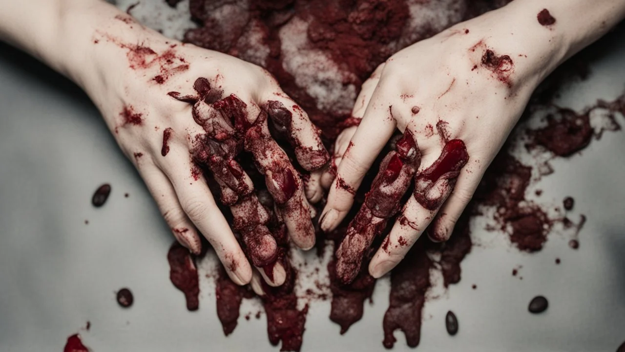 a woman's palms of her hands with dried and caked on blood all over them