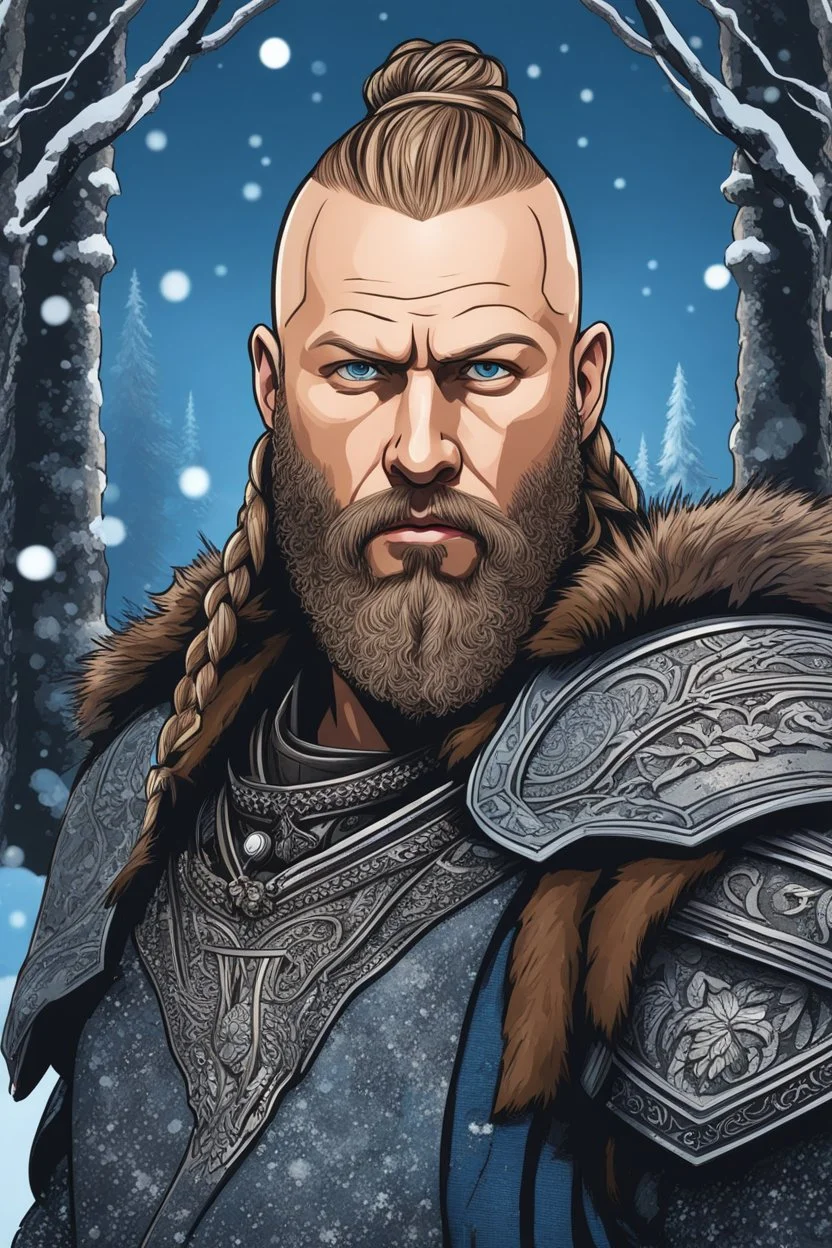 Ragnar Lothbrok in 8k cartoon artstyle, blue eyes, Bald, beard, tattoos, winter, close picture, highly detailed, high details, detailed portrait, masterpiece,ultra detailed, ultra quality