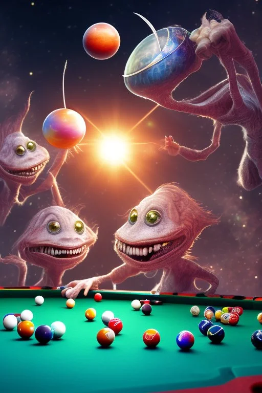 2 Aliens are playing pool and laughing. the balls on the table are planets. The main ball is planet earth. Background must not distract the main table. High resolution, 3d render and 8k