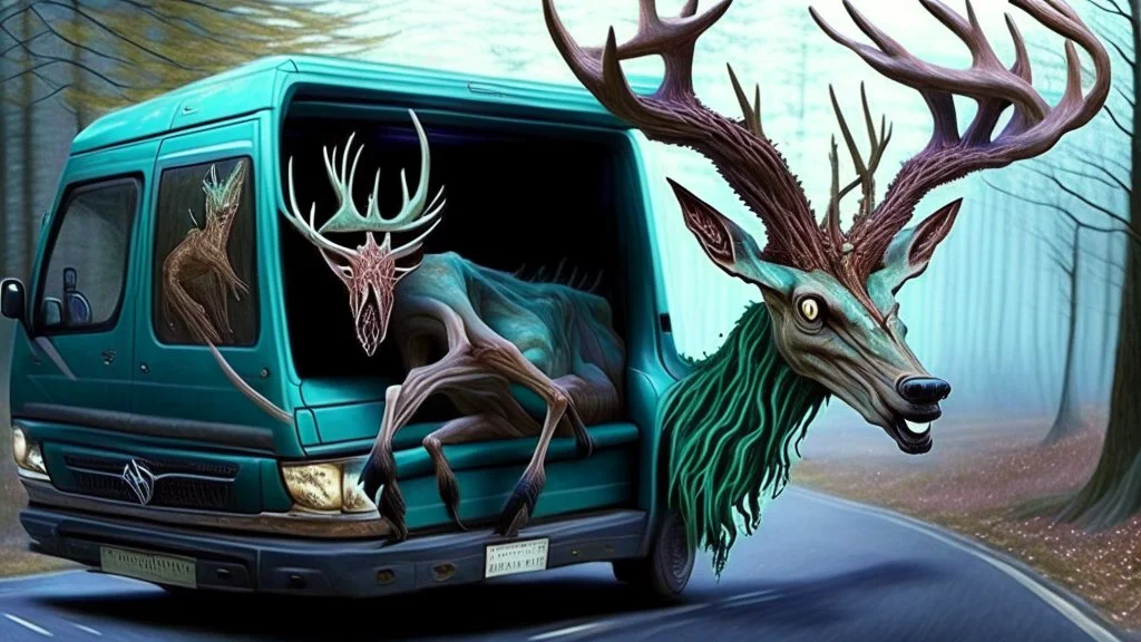 lovecraftian styled resurrected deer seeks revenge on the Lady driving the Budget Moving Van