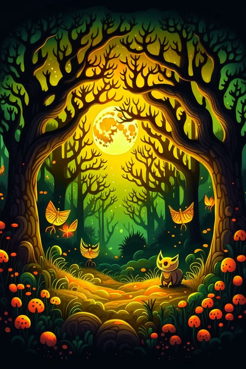 Design a cover featuring an enchanted forest with trees adorned with glowing jack-o'-lanterns, mystical creatures like owls and bats, and a crescent moon casting an eerie glow.