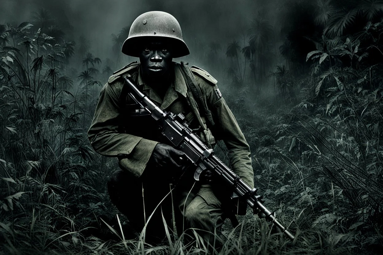 Spectral ghost of a headless soldier carrying a Thompson machine gun through the Congo at night