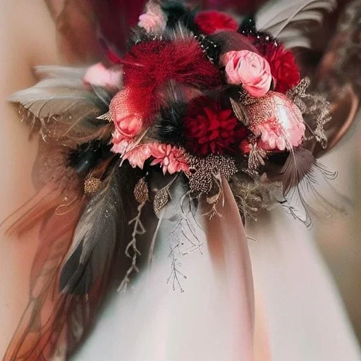 delicate bouquet of lace pearls and feathers, chiaroscuro, vivid colors, festive colors, dramatic lighting, beautiful composition, aesthetic layout