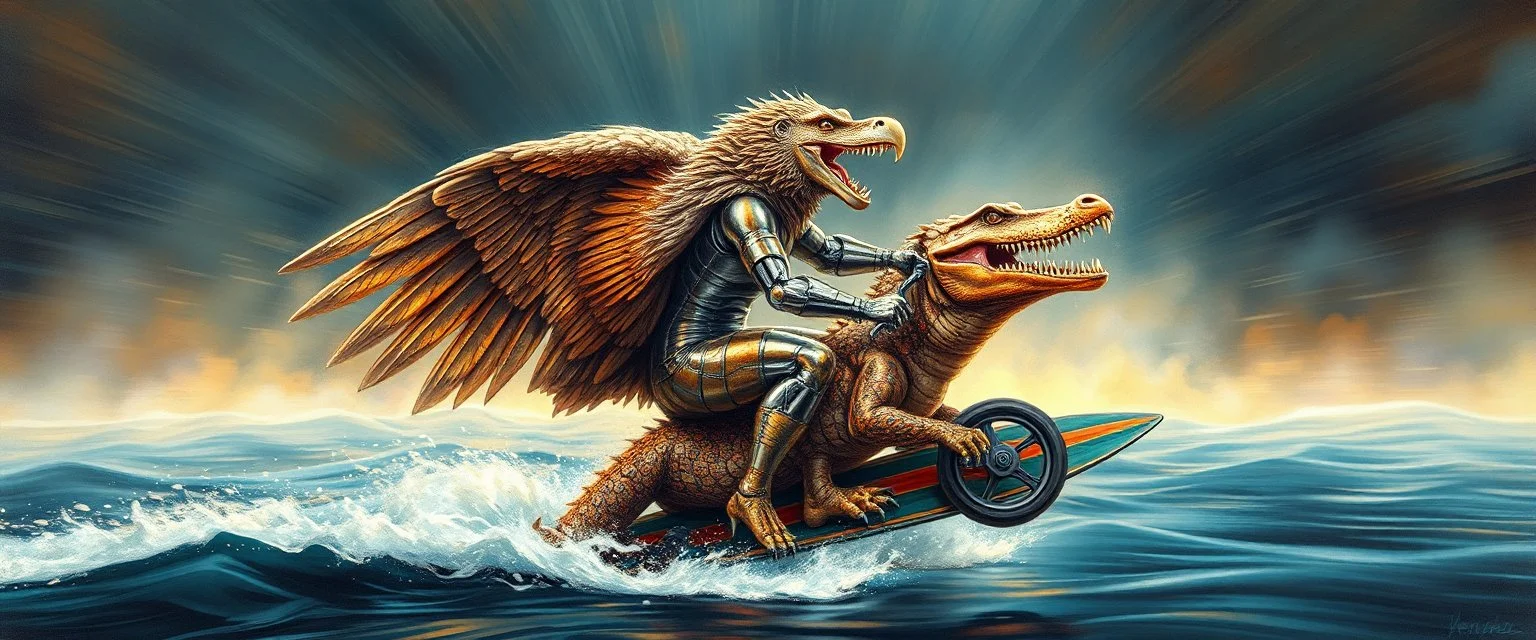 airbrush and pen outline, master oil painting by Rembrandt, chrome eagle lion crocodile man viggo sandvik as insane eel wild ginger robot on surfboard boat trike , goa trance glitch poster, background motion blur, volume fog with light rays