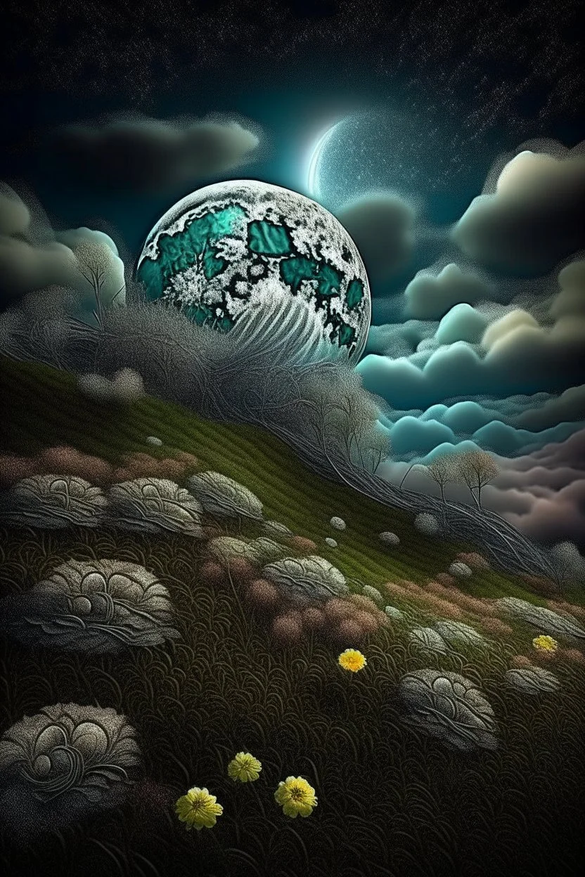 magic clouds metallic glow of the moon brown mysterious multi-layered and multidimensional structure, moon, grass, strange sky, trees, unusual flowers, intricate, extraordinarily beautiful landscape, fractal, surreal, careful drawing of details, clear contour, photorealism, botanical style, path, pale black, gray, light green, dark blue, red, yellow, mother-of-pearl luster, curls, curls, smoke , beautiful, realistic, soft lighting, purple powder, high detail 8