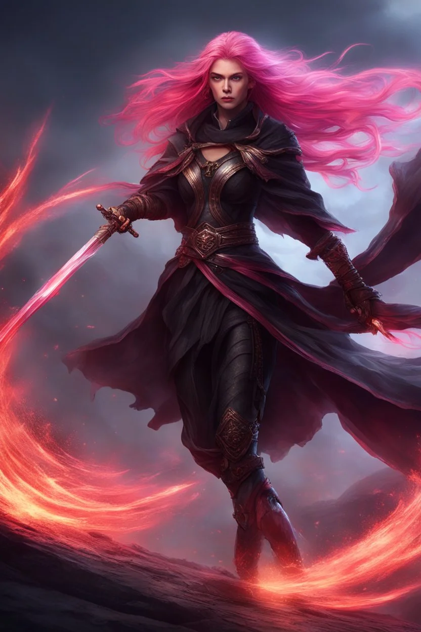 A exalted female archmage, her black robes and long pink hair shining in the light, her greatsword held firmly in her hands as she strides forward, her red eyes blazing with a fierce intensity, levitating above enemys , dodging enemy fire, 4K,