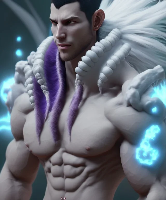 unreal 5, avatar, goku, white and purple hair, fighting pose, muscular body, shirtless, volumetric details, hyper realism