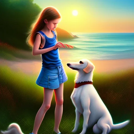 tablet on the beach, girl with dog