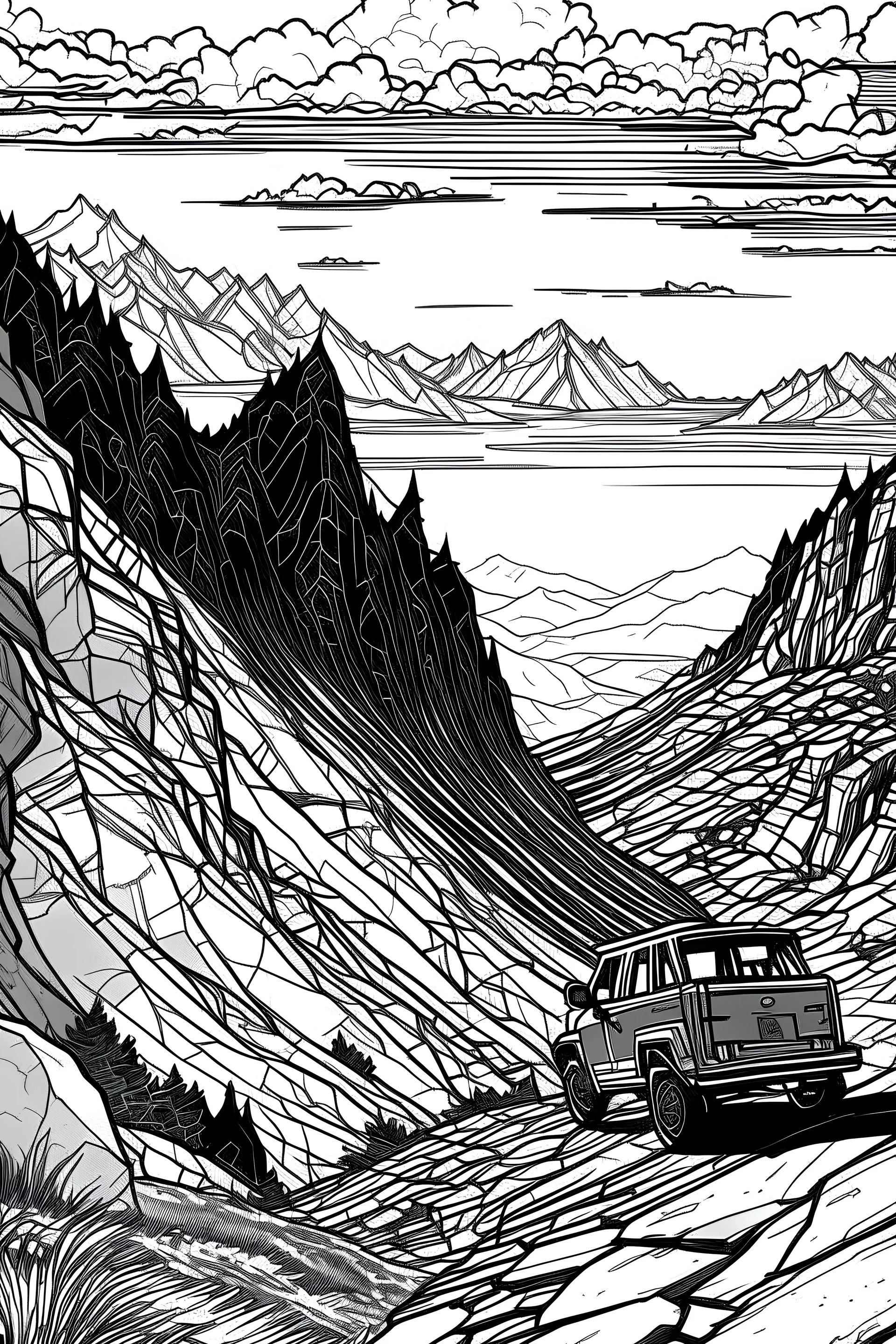 Outline art, no shading, vehicle climbing mountain, black and white, low detail, --ar 9:11