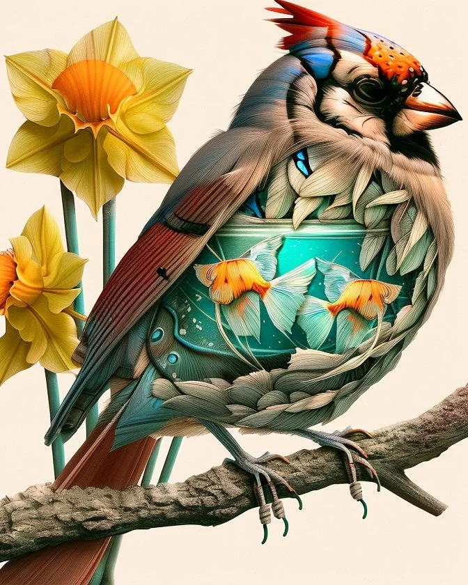surreal mixed-media illustration of a Blue Jay perched on a textured branch, depicted with a semi-transparent body that reveals an internal aquatic scene.Inside the bird’s torso, Angelfish swim gently in clear water, rendered with scientific-illustration precision and soft painterly textures.The bird’s feathers combine natural realism with subtle graphic stylization, including layered patterns and delicate linework.Surrounding the branch are daffodils and roses, illustrated in a vintage botanica