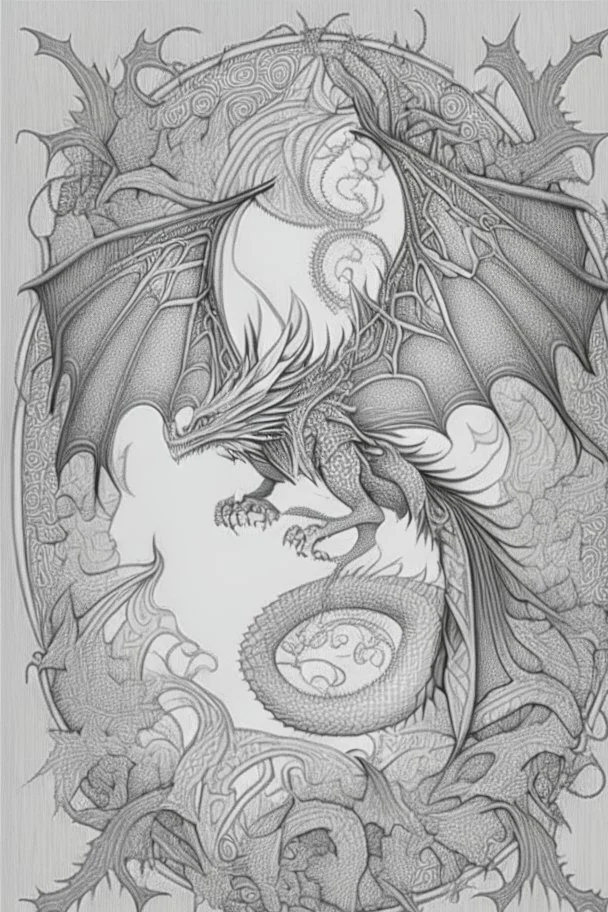 line art of a flying dragon, mandalas