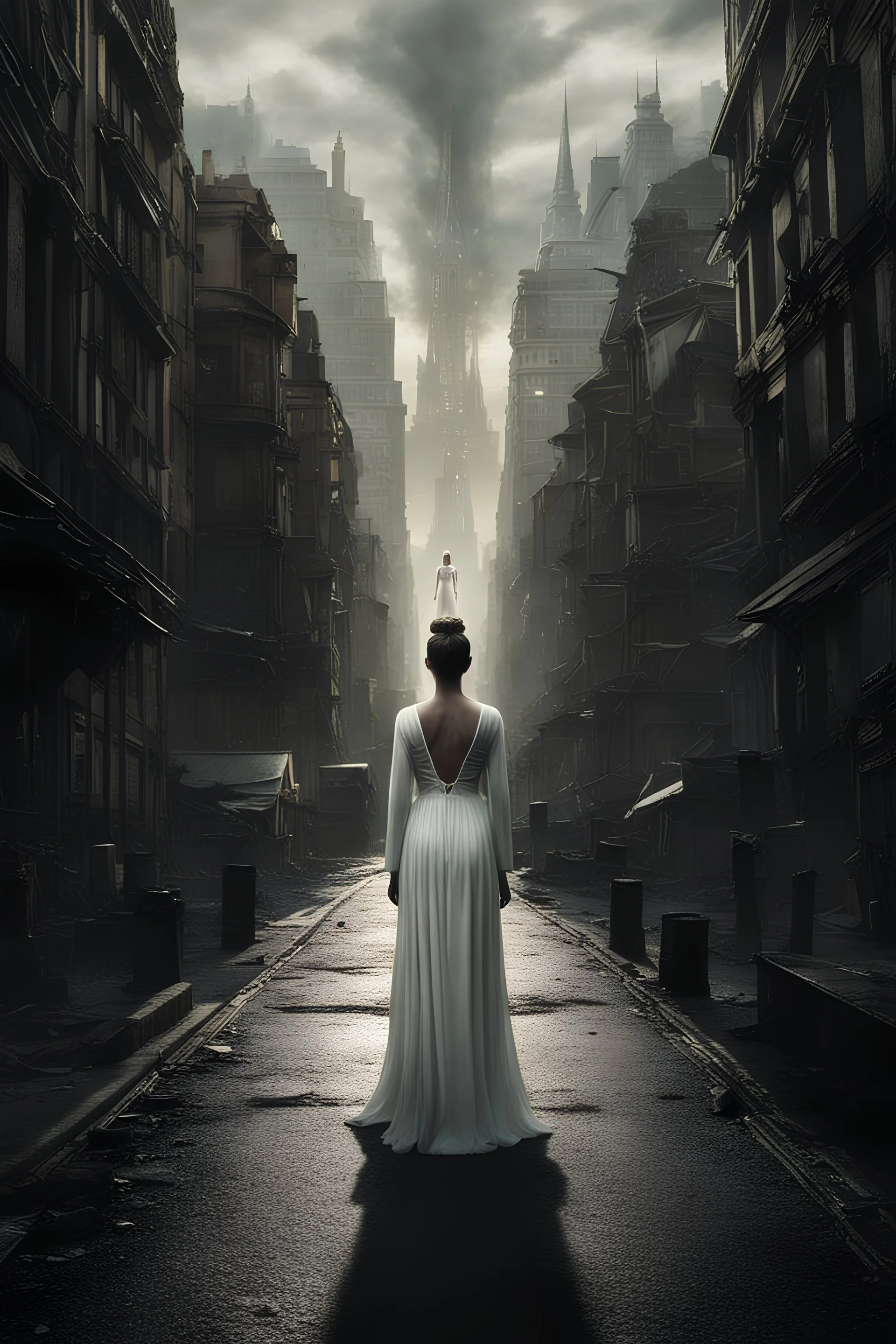 a woman facing the camera in a white dress looking filigree, standing on a city street, still from a fantasy movie, coherent symmetrical artwork, cinematic, ghostly, by Charles Williams, veiled.