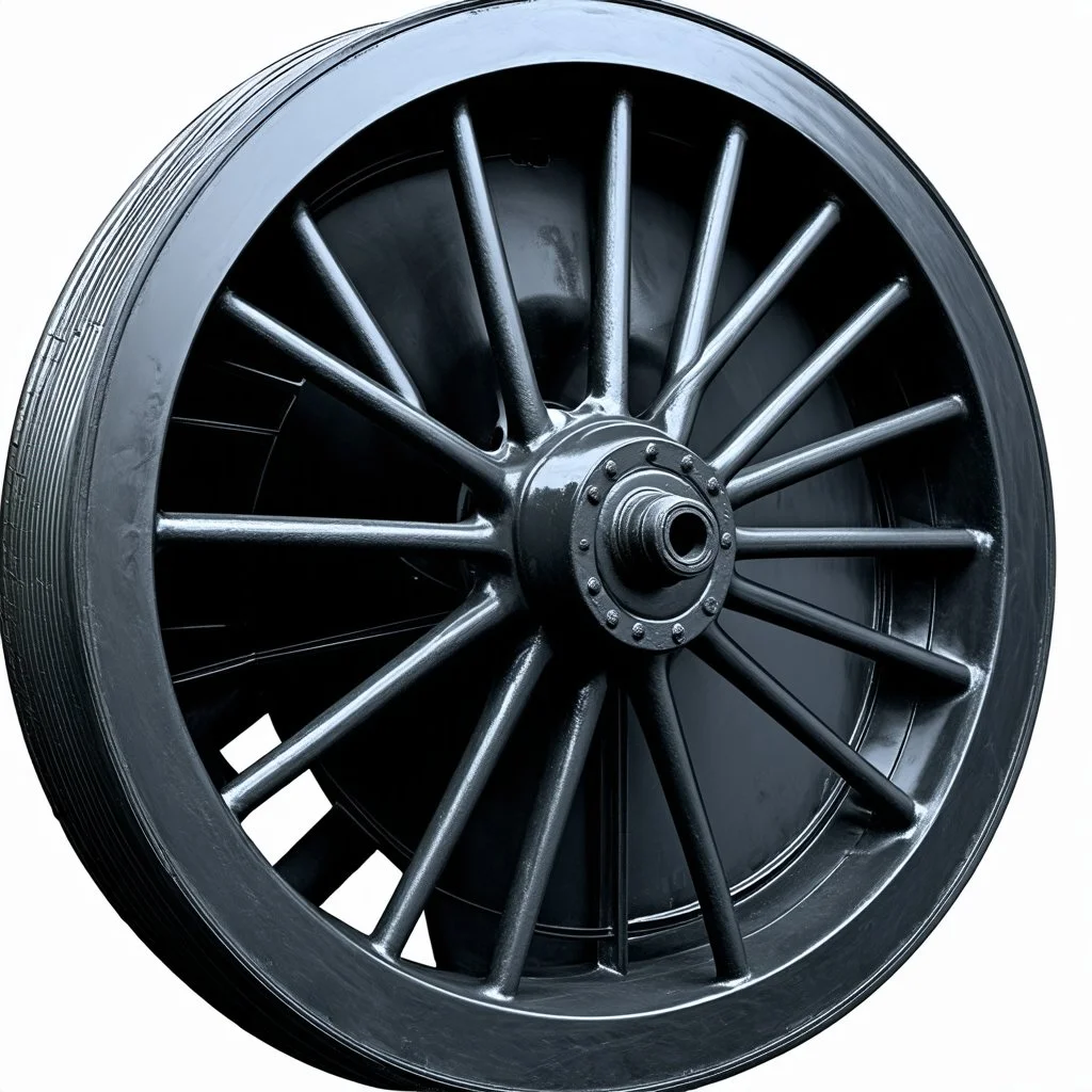 isolated image of a cast iron spoked steel wheel(black) from a steam train. vignette of just the wheel, photorealistic