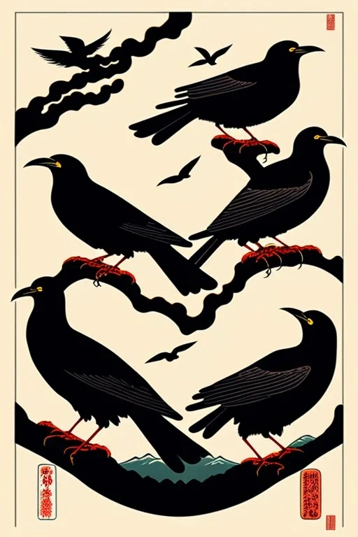  a group of crows that are on top of each other, a poster by Nōami, ukiyo-e, anime aesthetic, minimalist.