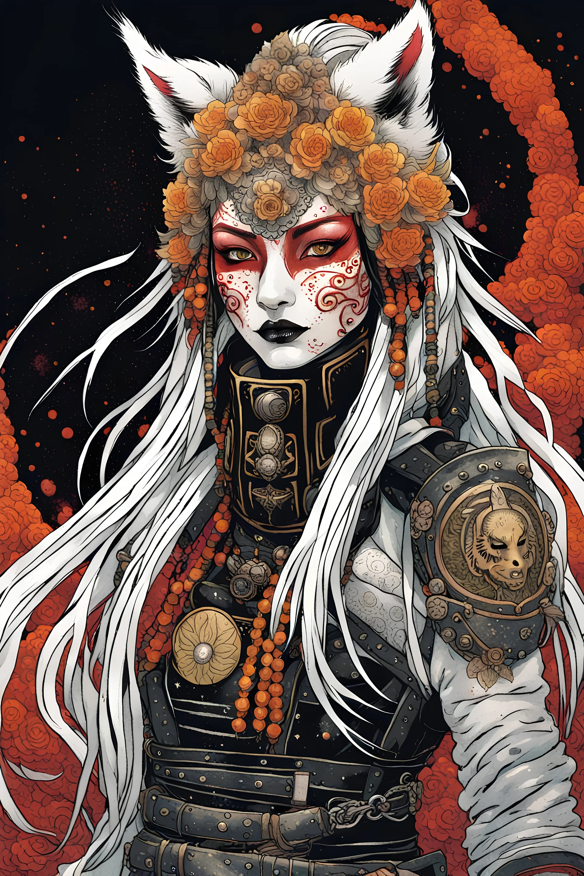 front facing portrait illustration of a gothpunk armored female kitsune vampire mercenary , beaded dreadlock hair, wearing an ancient ornate japanese kitsune mask , and shemagh, highly detailed with gritty post apocalyptic textures, caught in a cosmic maelstrom of swirling gases , finely detailed facial features and hair, in the graphic novel style of Bill Sienkiewicz, and Jean Giraud Moebius, ink wash and watercolor with realistic light and shadow