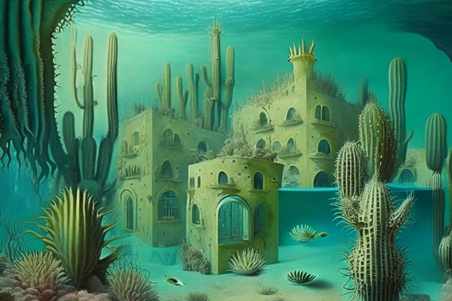 a fantastic underwater city with cactus houses by artists "Leonora Carrington" and "Piranesi"